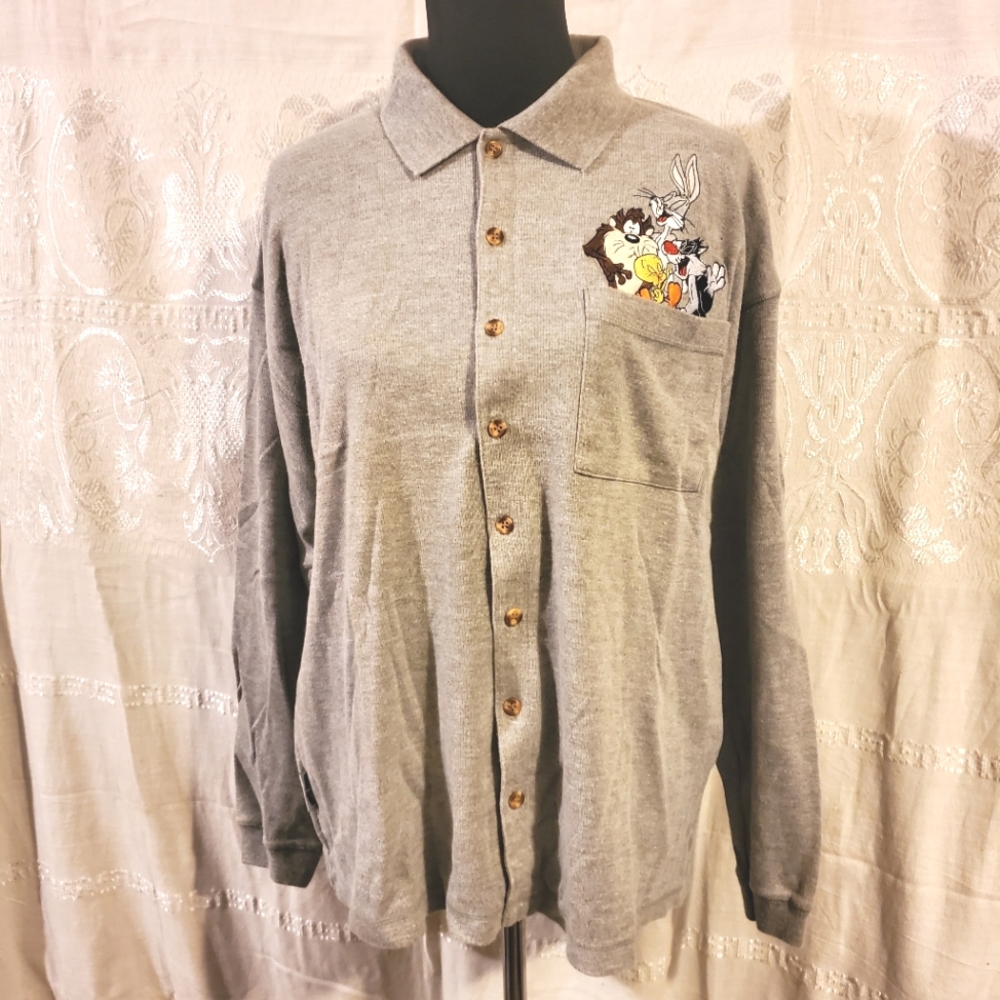 Vntg '93 Acme Looney Tunes Long Sleeve Gray Polo Taz Bugs Tweety XL